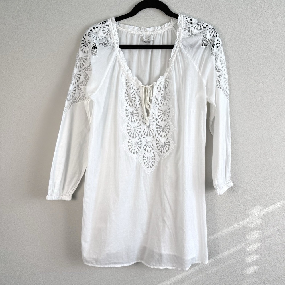 J Crew White Embroidered Tunic Womens Small Coastal Preppy Vacation Resortwear